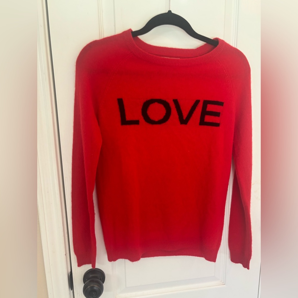 Philosophy 100% Cashmere Red Crewneck Sweater Size Small with Black LOVE Graphic